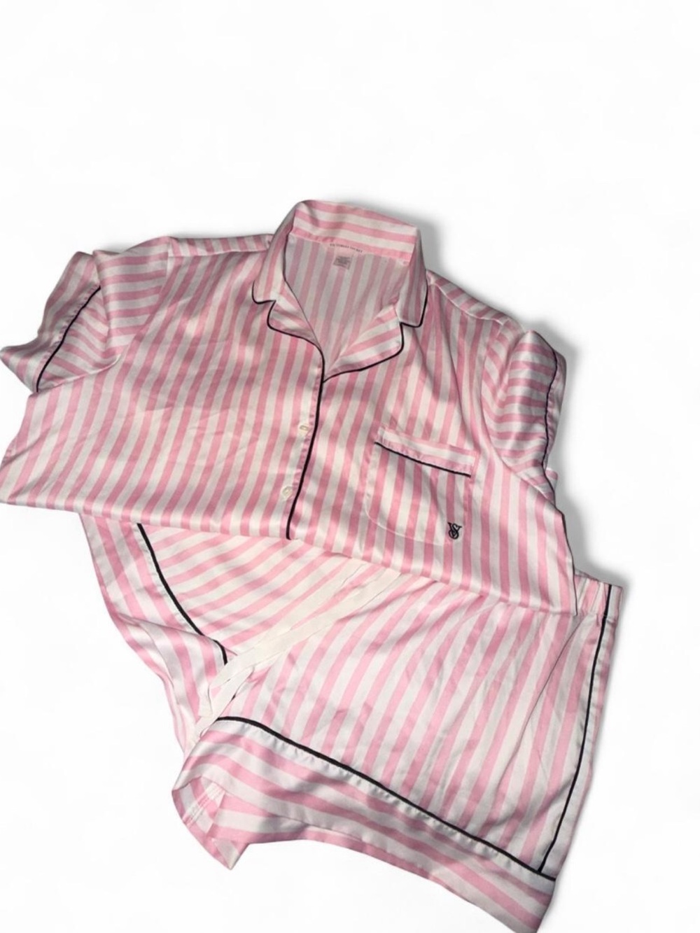 Victoria's Secret Pink and White Striped Short Pajama Set with Black Piping